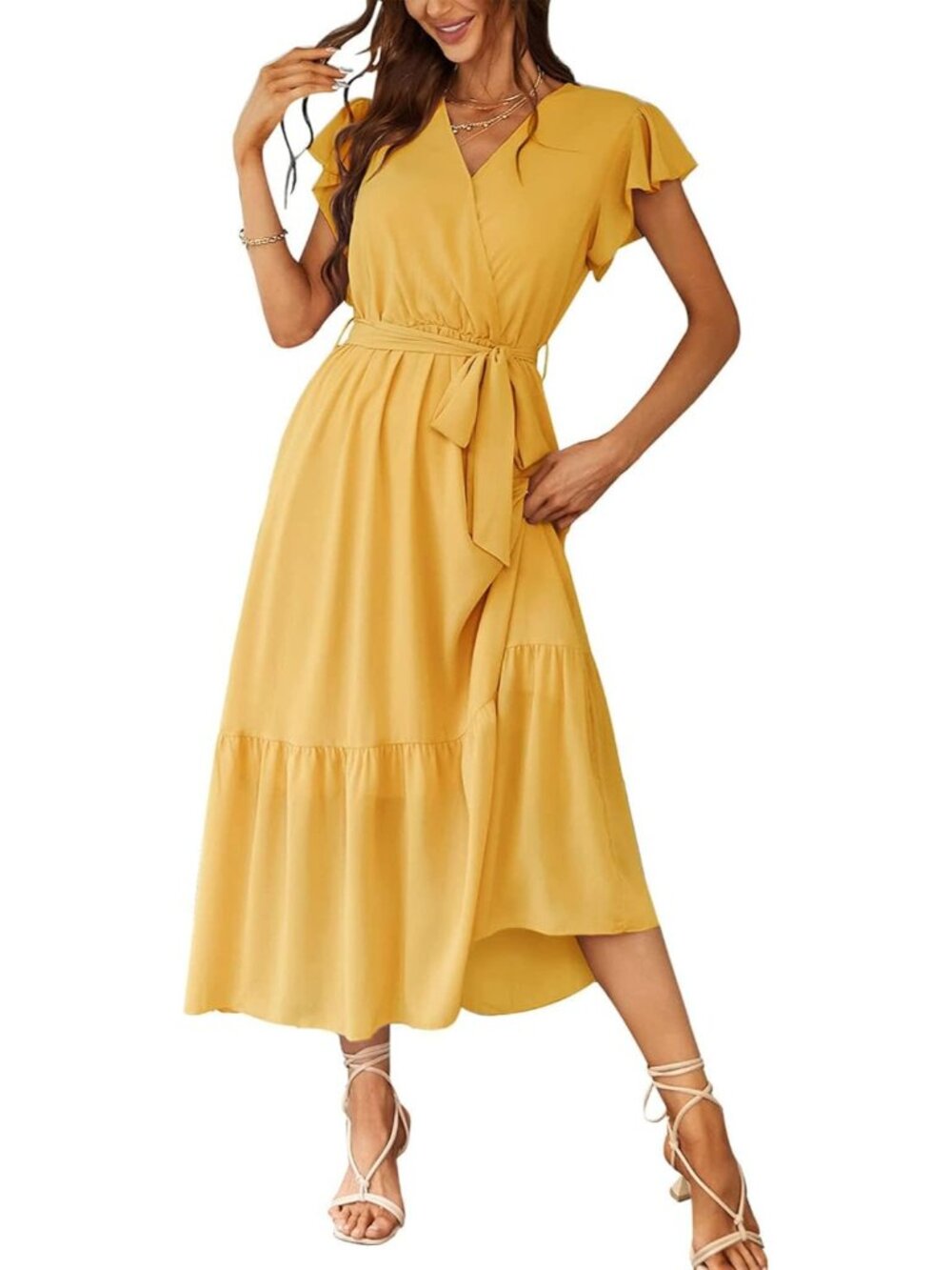 Women's Yellow Summer Short Sleeve Wrap V Neck Floral Boho Guest Maxi Dresses